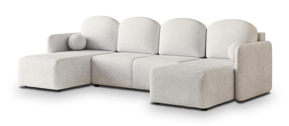 WOHNLANDSCHAFT NUBERO Creme Geflochtener Stoff mit Schlaffunktion - Creme, Holz (285/85/143cm) - MASSENO