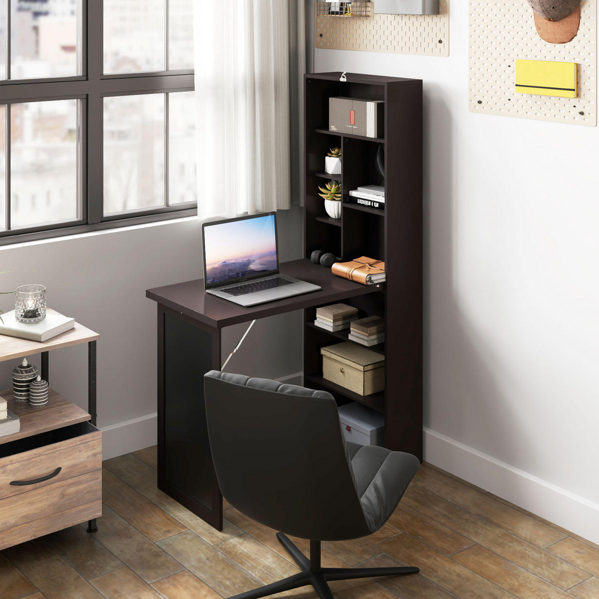 SCHREIBTISCH Kieferfarben wandmontiert klappbar mit Regal und Kreidetafel 98/51/153 cm - Braun, Holzwerkstoff (51/98/153cm) - PANGIVO