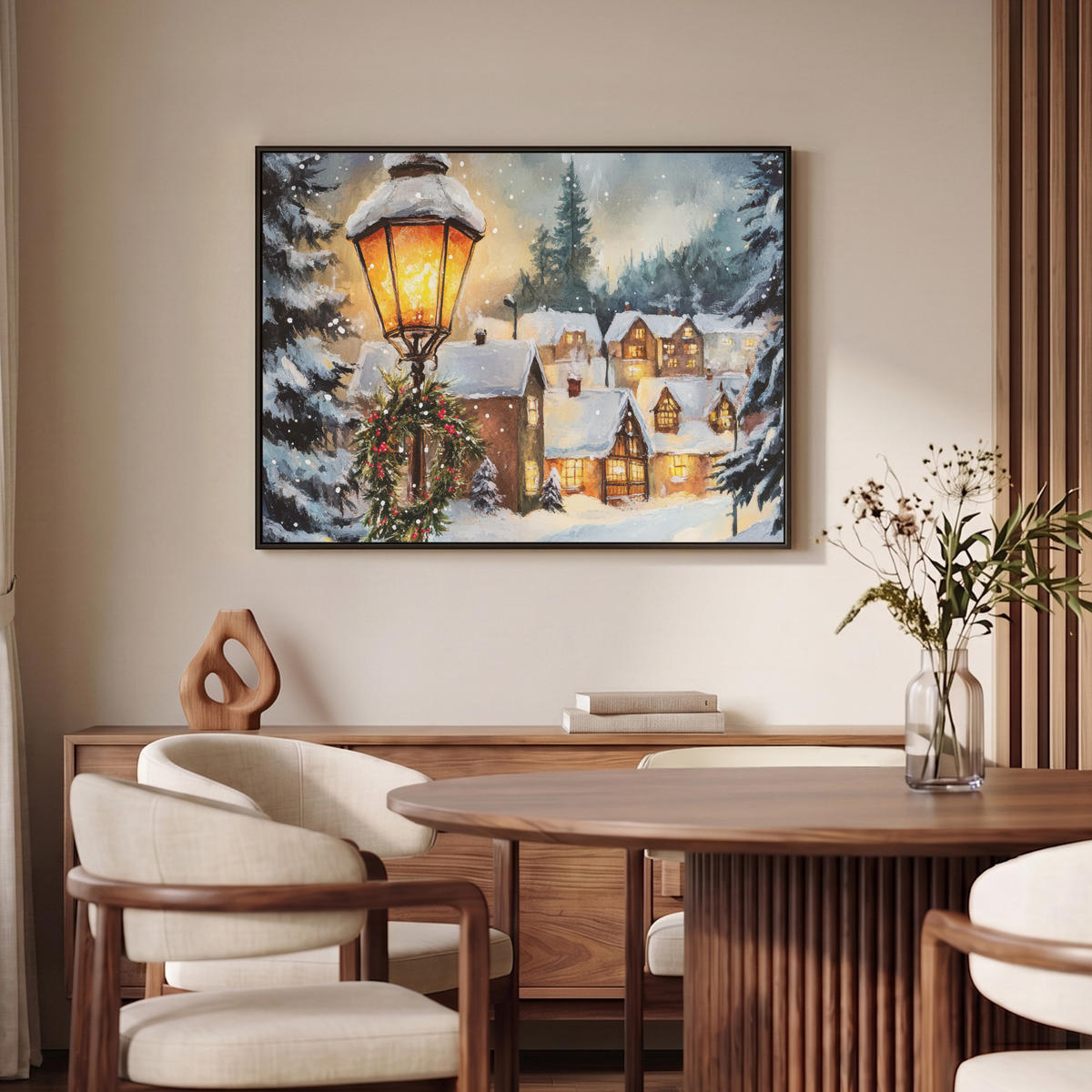 LEINWAND Bilder mit Rahmen - Weihnachtsdorf - Häuser - Schnee - Weihnachten - 100x70 - Sandfarben, Textil (100/70cm) - MuchoWow