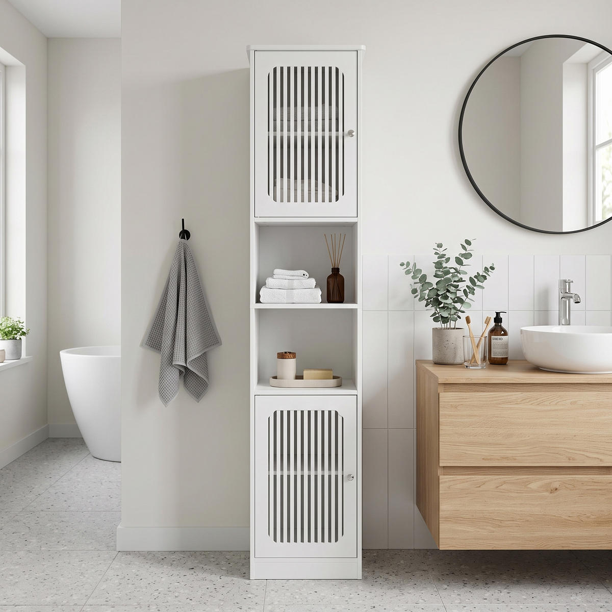 BADEZIMMERSCHRANK Hochschrank Weiß mit Lamellentüren & verstellbaren Böden - Weiß, Holzwerkstoff (36/163/30cm) - Urban Meuble