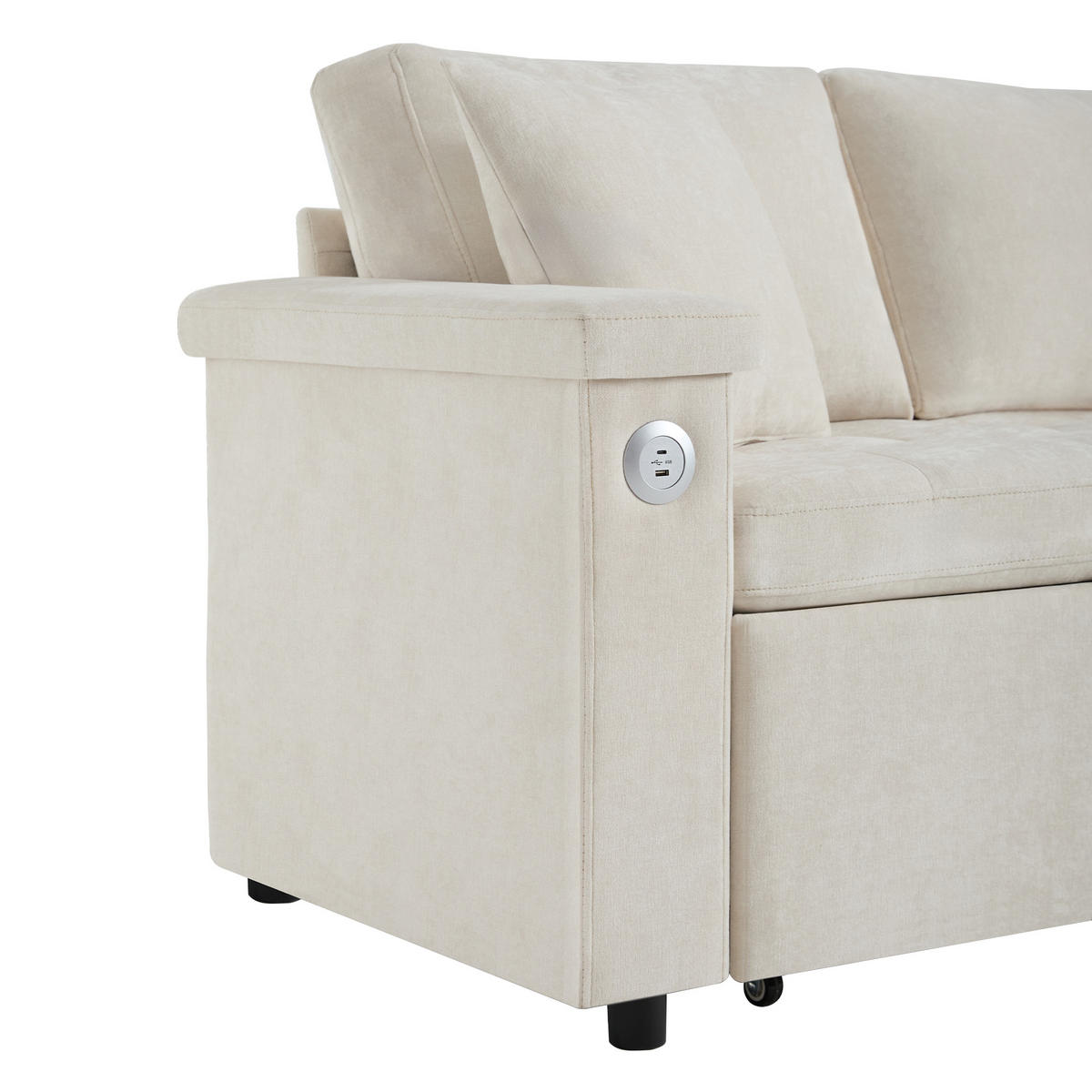 4-SITZER ECKSOFA Chenille Beige mit Schlaffunktion, Stauraum und USB - Beige, Holzwerkstoff/Kunststoff (209/130cm) - WISHDOR