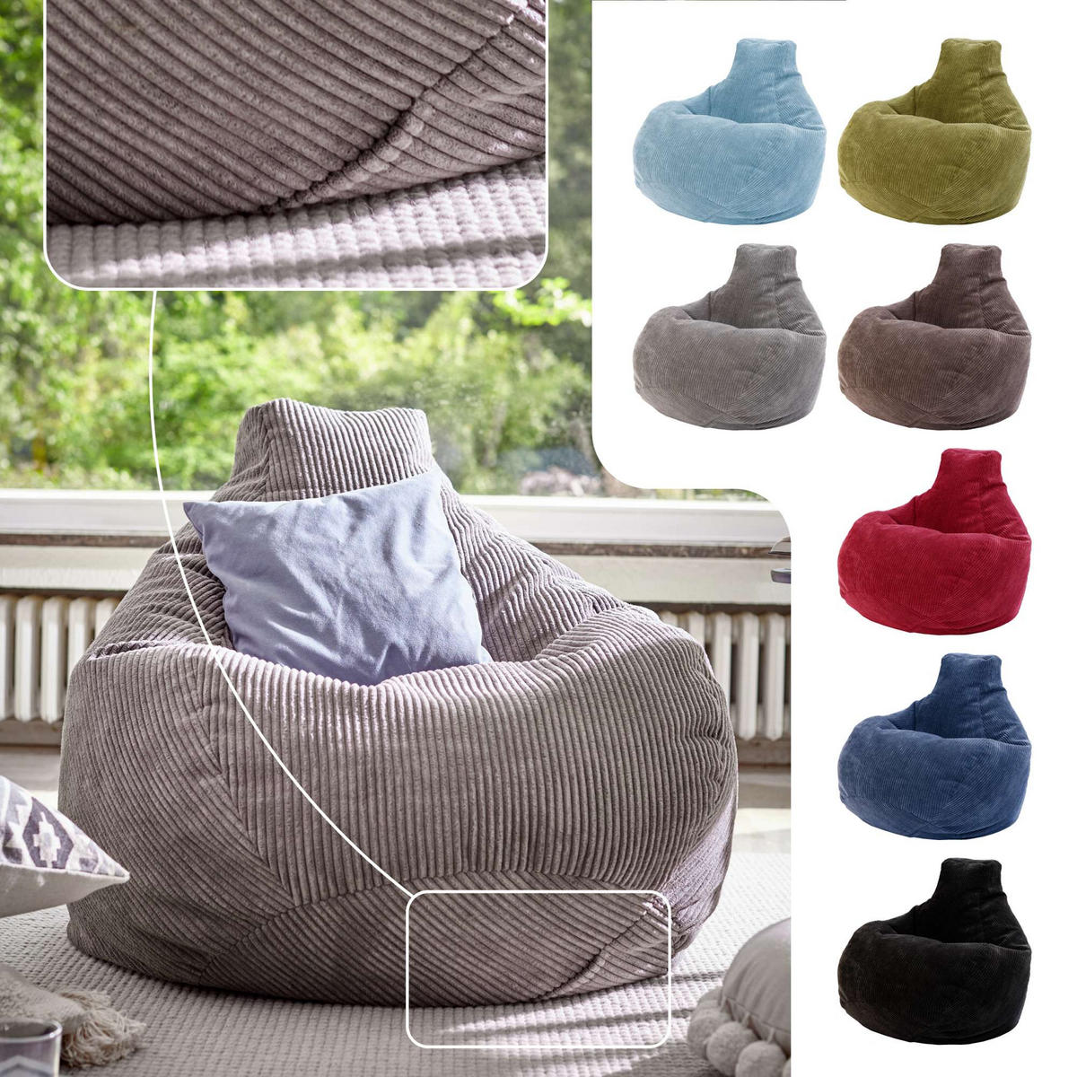 SITZSACK MIT RÜCKENLEHNE Cozy Cord - Hellgrau, Textil (80/90/90cm) - Green Bean