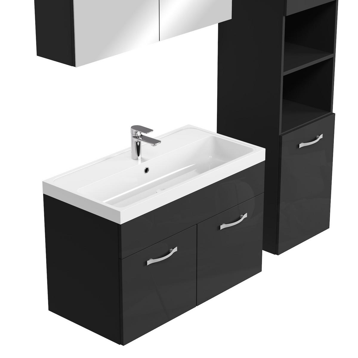 BADMÖBEL-SET Paso LED 5 Teile Schwarz Hochglanz - 80 x 35 x 55 cm - Schwarz, Holz (80/55/40cm) - Badplaats