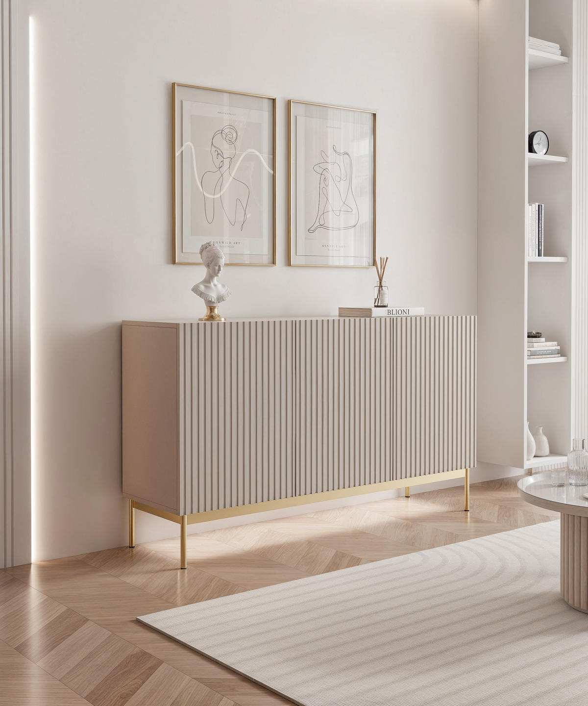 SIDEBOARD Linearis Kaschmirgrau 138 cm - Taupe/Goldfarben, Holzwerkstoff/Metall (138.1/78.2/35cm) - Selsey