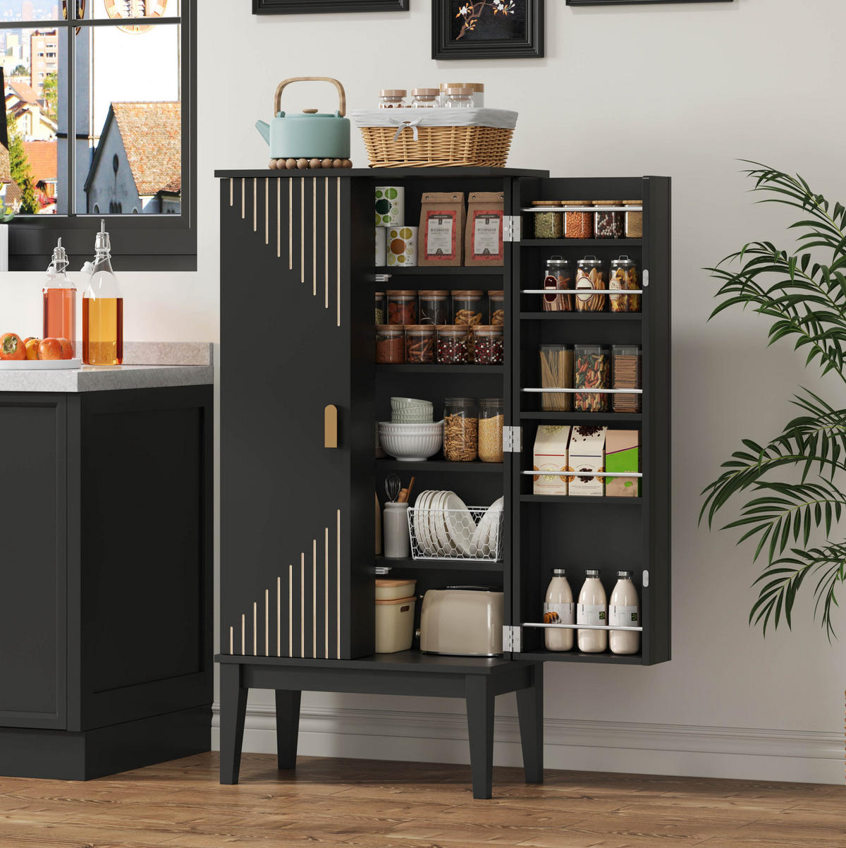 BUFFETSCHRANK 120/30/59 cm aus MDF mit 2 Türen, 5 Fächern und Türablagen im Vintage-Stil, Schwarz - Schwarz, Holzwerkstoff (59/120/30cm) - Redom
