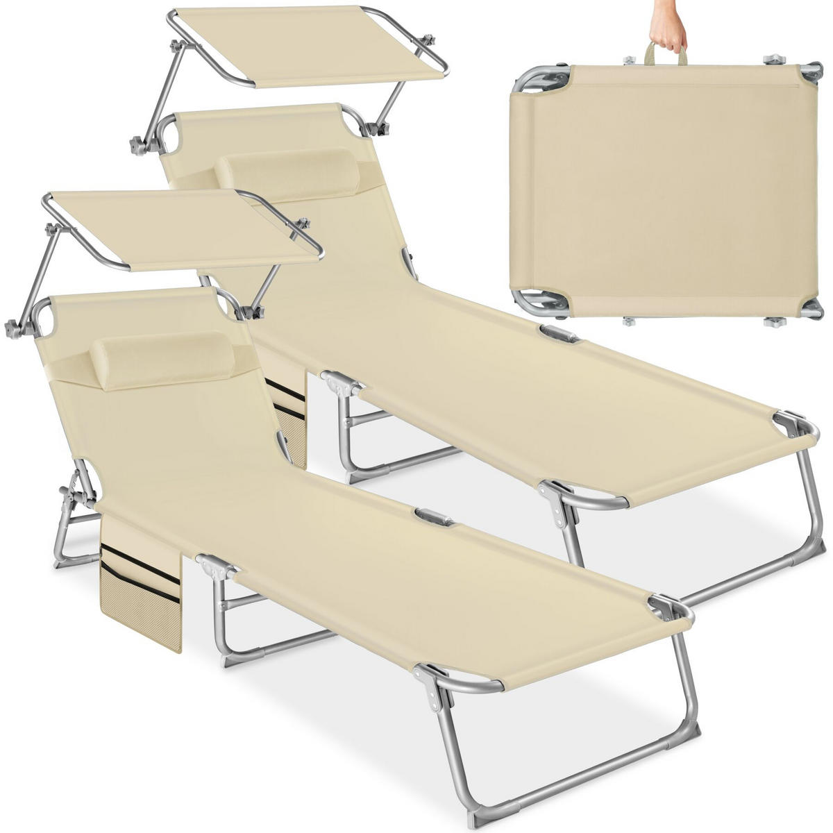 SONNENLIEGE 2er Set Chloé, 190 x 68 x 111 cm, mit Seitentasche, beige - Beige, Kunststoff (68/111/161cm) - tectake