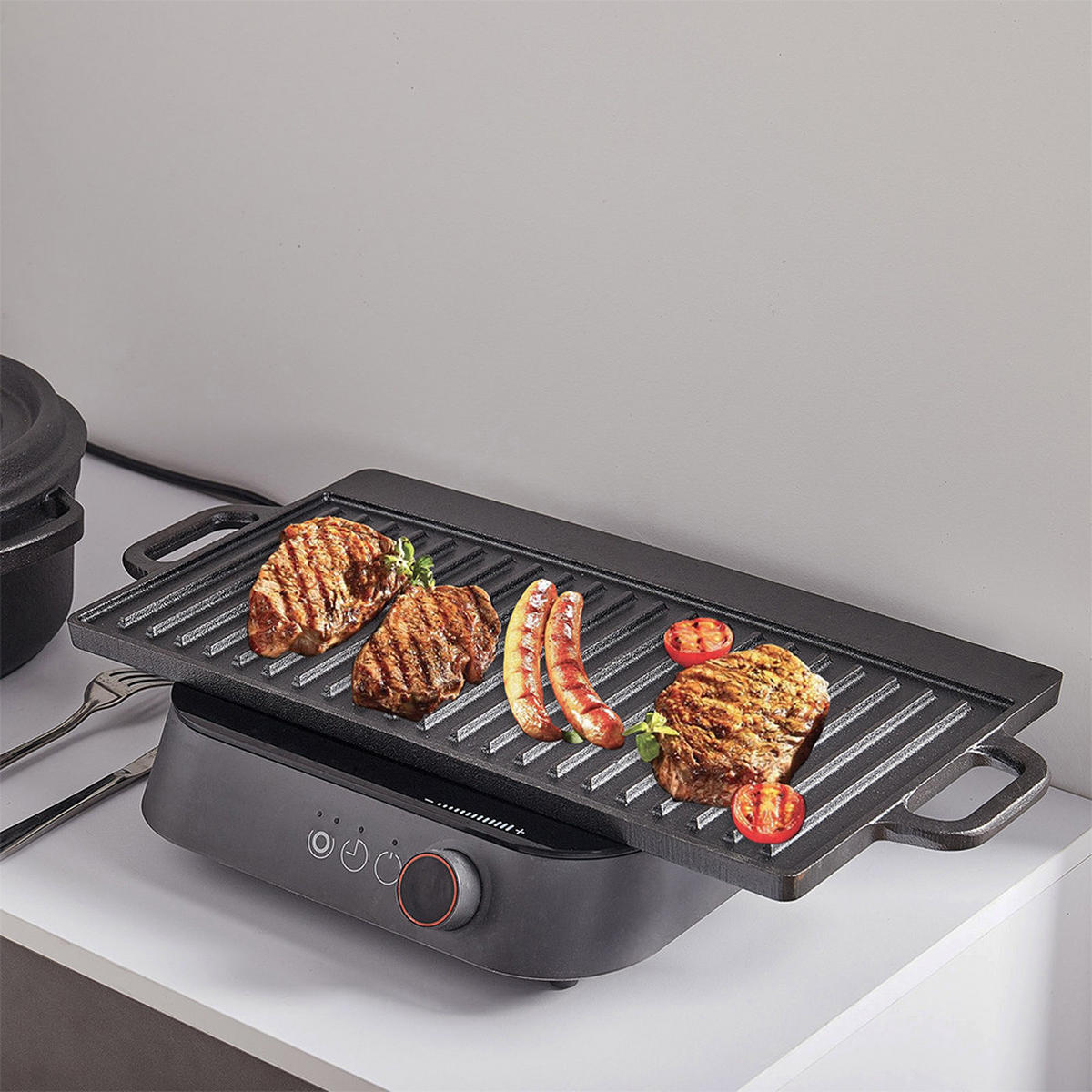 GRILLPFANNE aus Gusseisen mit Antihaftbeschichtung in Schwarz Wendbar einfache Reinigung komfortables Kochen 50 cm x 23 x 2 cm 3,62 kg - Schwarz, Metall (23/50/2cm) - Livingandhome