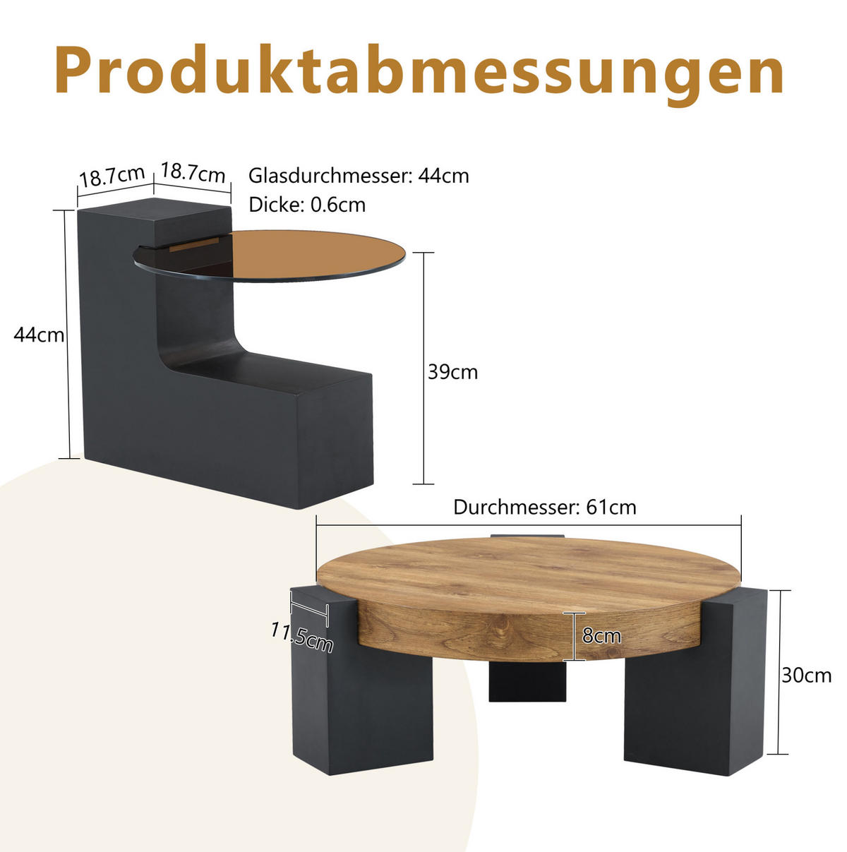 COUCHTISCH-SET rund 61/61/30 cm Schwarz Holzoptik mit Glasplatte und Ablage - Schwarz, Holzwerkstoff (61/61/30cm) - OKWISH