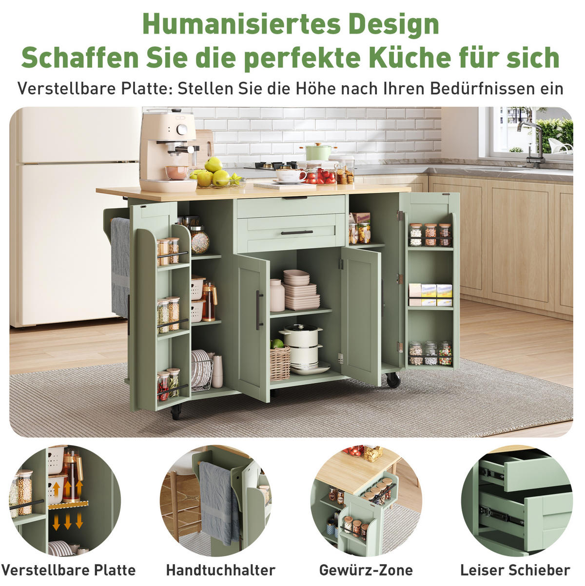 KÜCHENINSEL mit ausziehbarer Arbeitsplatte 136 x 70 x 92 cm Antikgrün - Grün, Holz (70/92/136cm) - Beauniv
