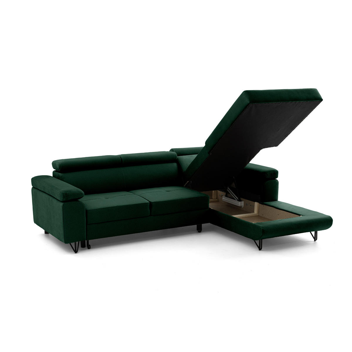 ECKSOFA NORIS L Rechts mit Schlaffunktion 128x203 Velours Dunkelgrün - Dunkelgrün/Schwarz, Holz/Textil (183/250cm) - Muffo