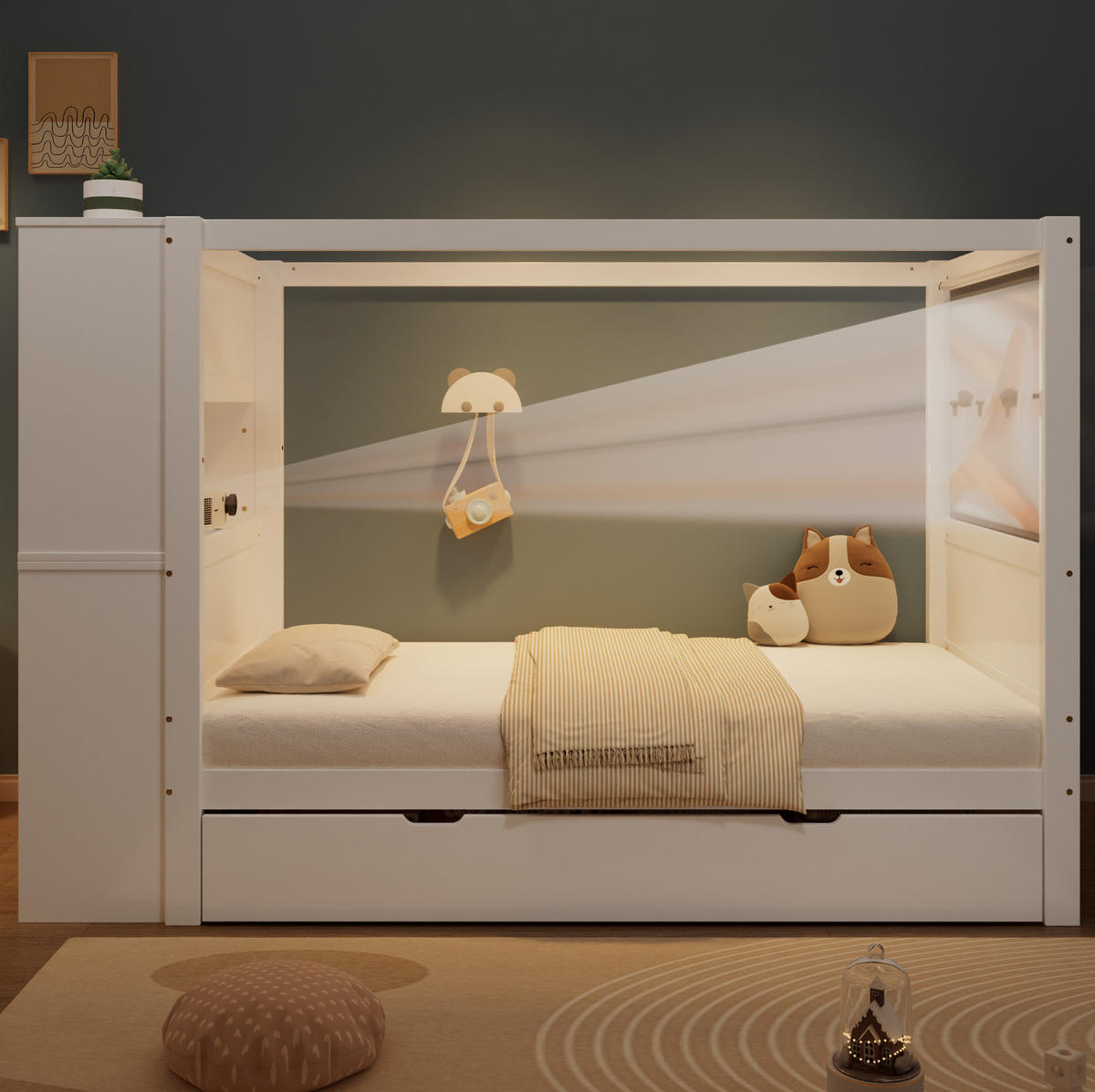 KINDERBETT aus Kiefernholz und MDF 90x200 cm Weiß mit Fallschutz, Stauraum und Schreibtisch - Weiß, Holzwerkstoff (90/200cm) - IVMEU