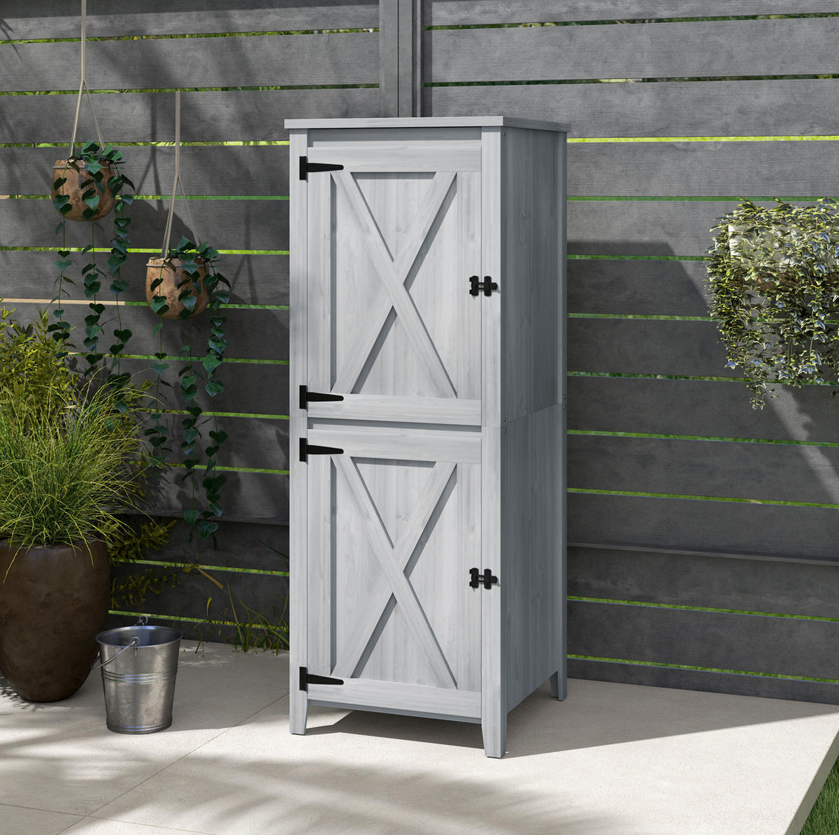 GARTENSCHRANK aus Tannenholz 60x60x160 cm in Hellgrau mit 2 herausnehmbaren Regalen - Hellgrau, Holz (60/160/60cm) - Modfu