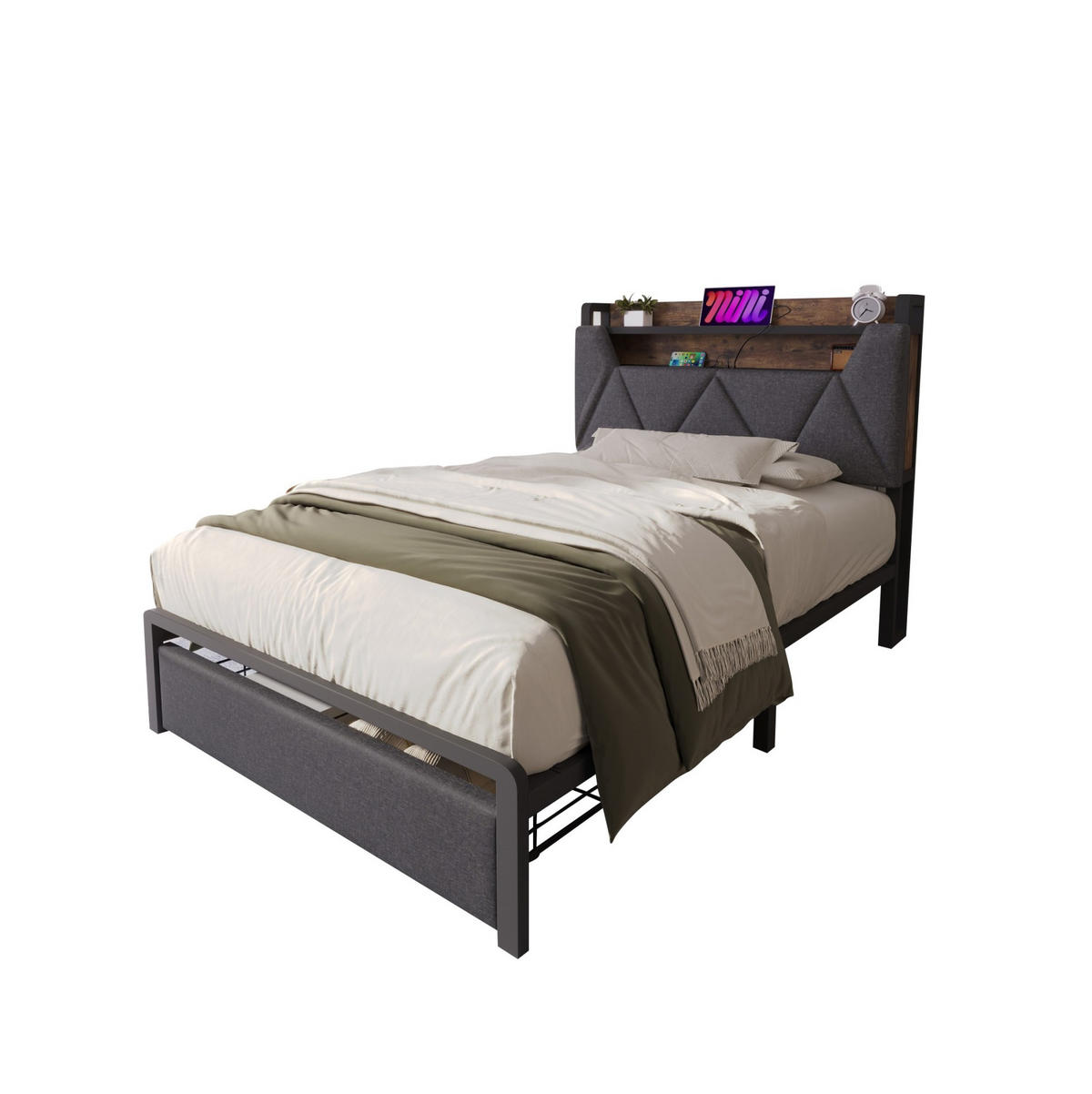 ČALOUNĚNÁ postel 90/200 cm šedá z lnu s LED osvětlením, úložným čelem a USB - šedá, textil (90/200cm) - OKWISH