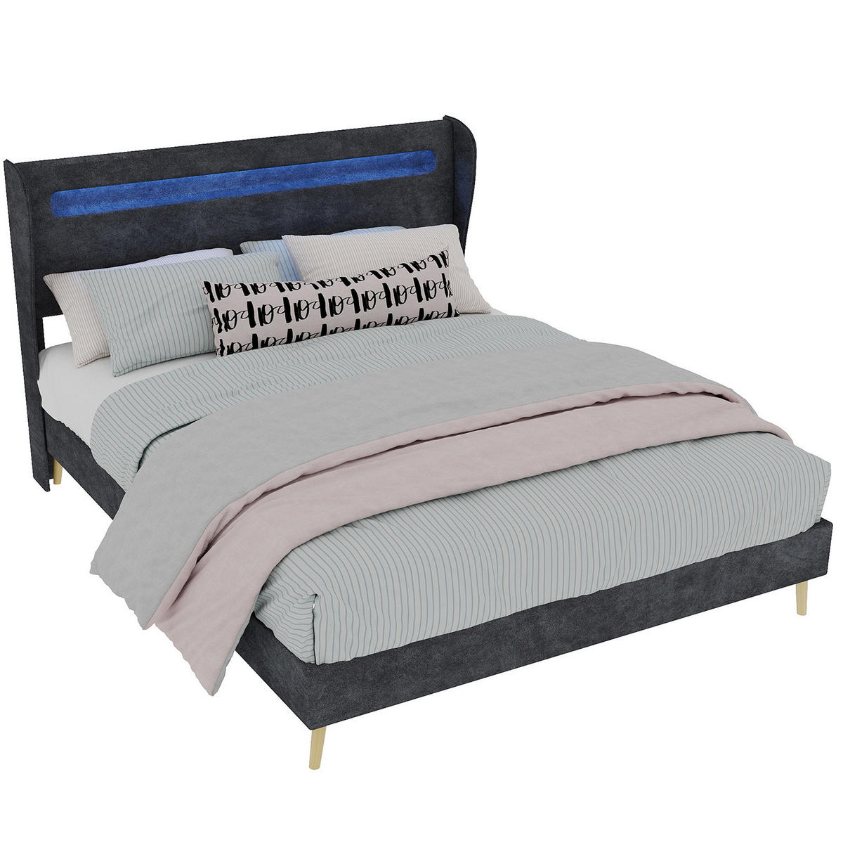 ČALOUNĚNÁ postel 140/200 cm šedá z látky a kovu s LED osvětlením a nastavitelným čelem - šedá, textil (140/200cm) - OKWISH