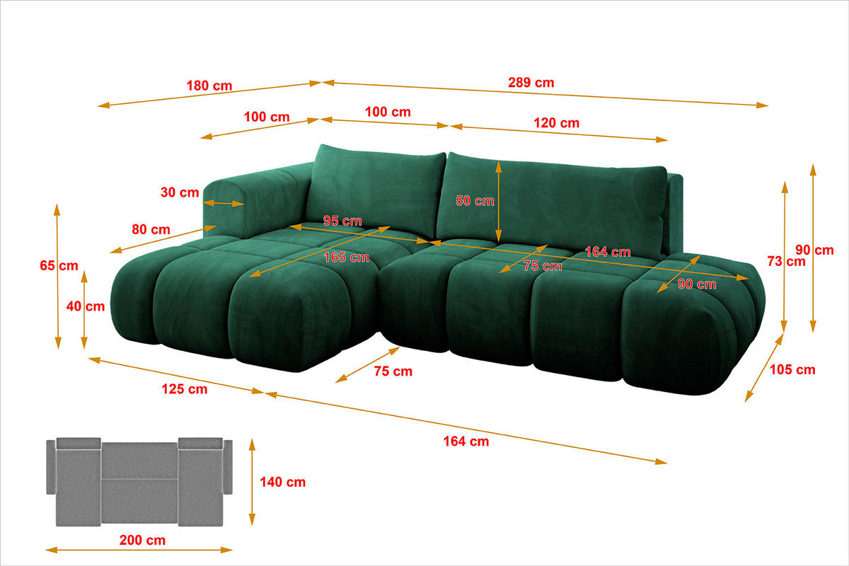 ECKSOFA Ottomane Links CLOUD-L 289x180x40 Dunkelgrün Velours - Dunkelgrün, Holzwerkstoff/Kunststoff (180/289cm) - ALTDECOR