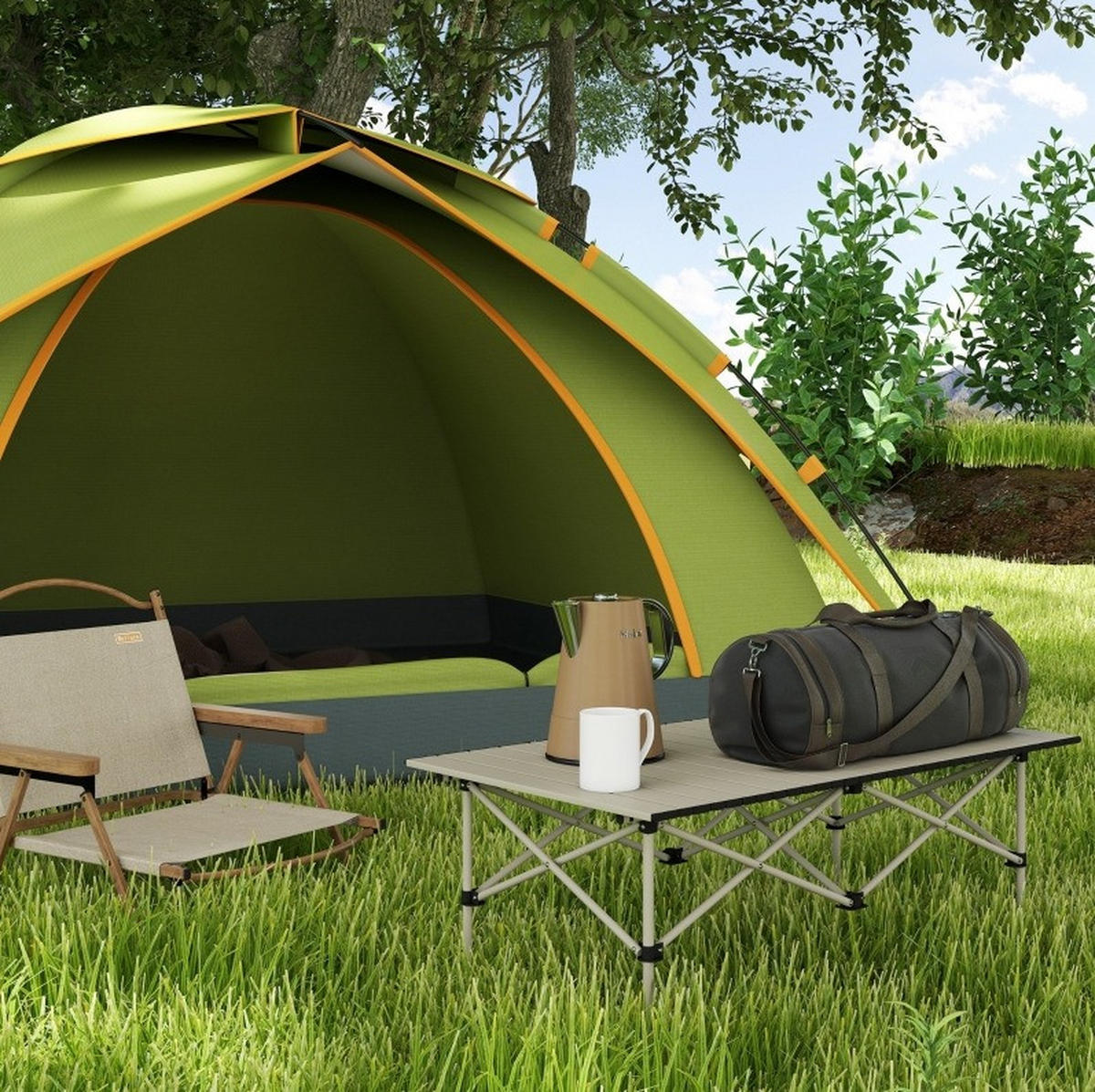 CAMPINGTISCH 95/55/50 cm klappbar mit rollbarer Tischplatte, X-Gestell aus Aluminium, Khaki - Beige, Metall (95/55/50cm) - Redom