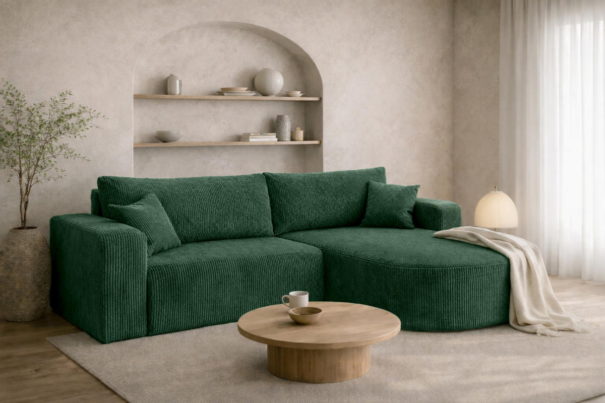 ECKSOFA Mit Schlaffunktion, Cordstoff Poso, Grün, Rechts, ROUND ONE - Grün, Holz (244/175cm) - Kaiser Möbel