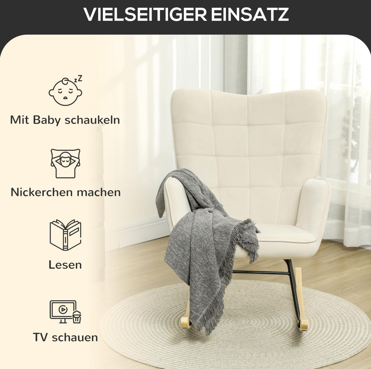 SCHAUKELSTUHL 71/98/101 cm mit Samtoptik und hoher Rückenlehne, bis 120 kg - Beige, Textil (98/101/71cm) - BEAOK