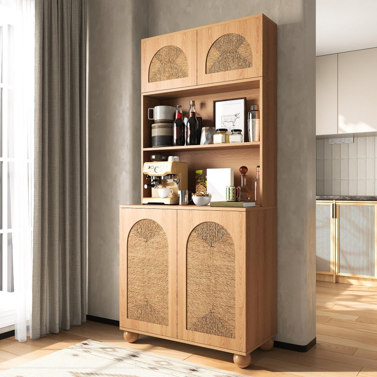 KÜCHENSCHRANK mit Seilgeflecht-Türen, dreigeteilt, Kieferholzfüße, Natur, 80/180/40 cm - Naturfarben, Kunststoff (40/180/80cm) - Rolipo
