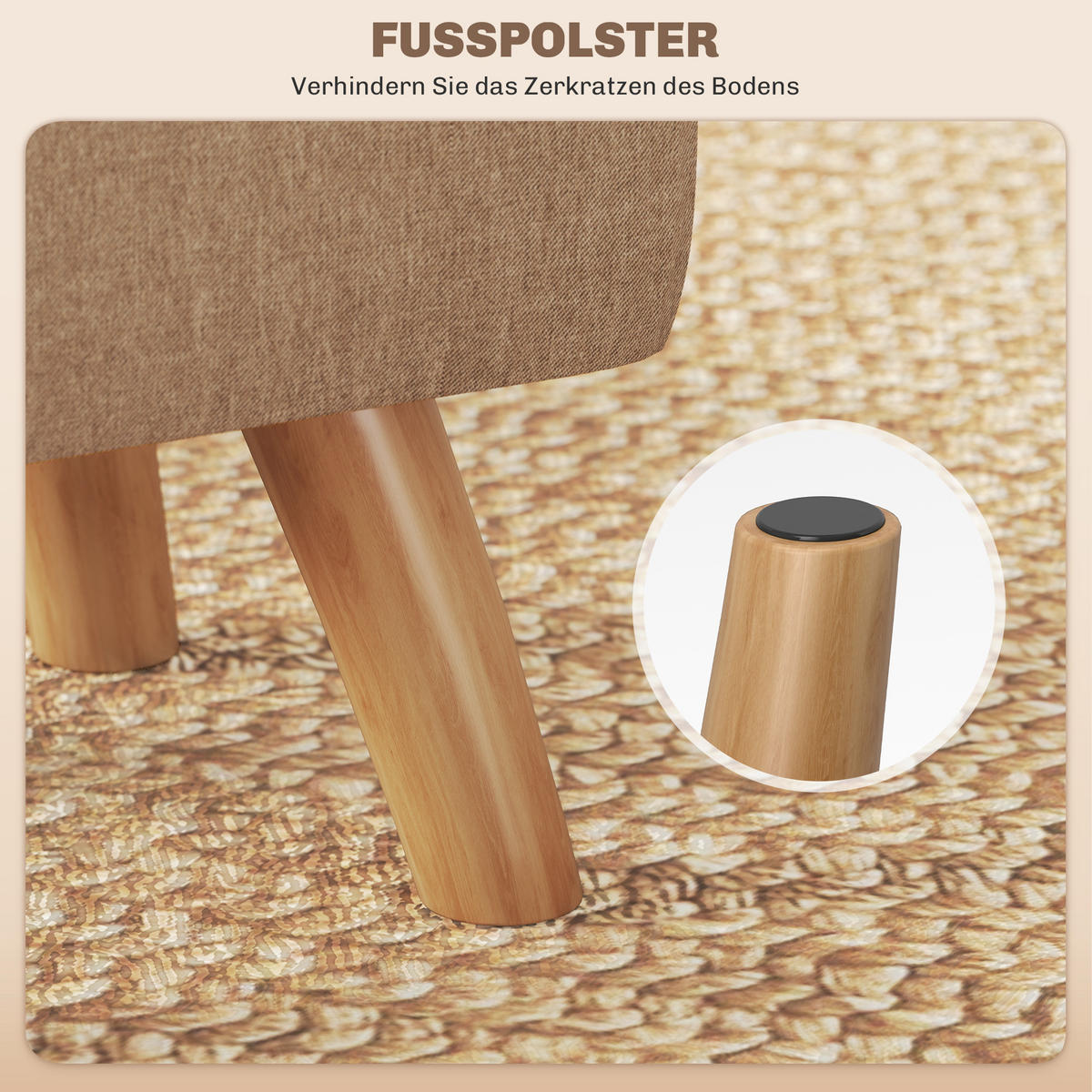 FUSSHOCKER Hocker Moderner Sitzhocker mit Leinenoptik, Holzbeine, Braun - Braun, Kunststoff (27/26/27cm) - HOMCOM