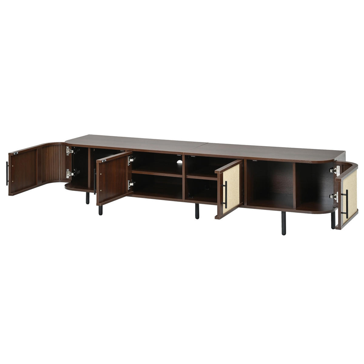 TV komoda 180/40/45 cm s pletenom frontom, 4 vrata i željeznim nogama u izgledu oraha - boje oraha/prirodne boje, drvni materijal (180/45/40cm) - CHICFURN