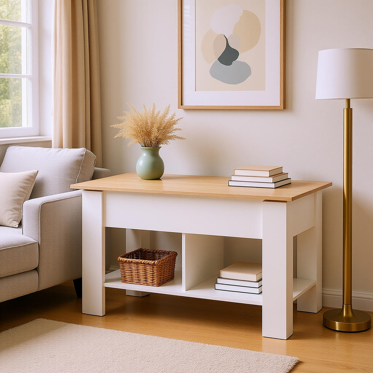 COUCHTISCH mit Lift-Top, Stauraum und Ablagefach, Weiß/Eiche - Weiß, Holz (96/50/47cm) - Urban Meuble