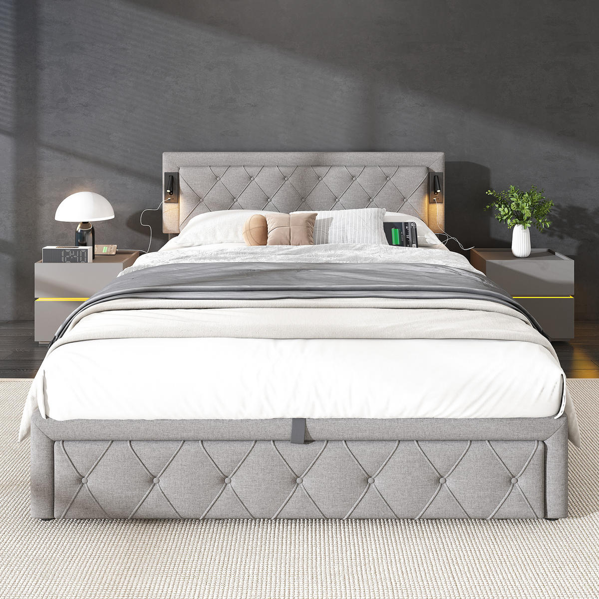 POLSTERBETT 160/200 cm Grau mit Downlight und USB-Schnittstellen - Grau, Textil (160/200cm) - OKWISH