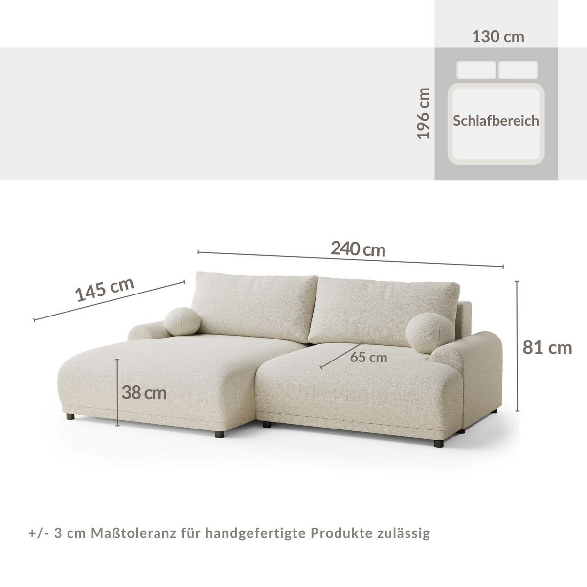 ECKSOFA MIT SCHLAFFUNKTION Tallin Beige Webstoff - Links Seite - Beige/Schwarz, Holz/Holzwerkstoff (145/240cm) - Maison de Reve