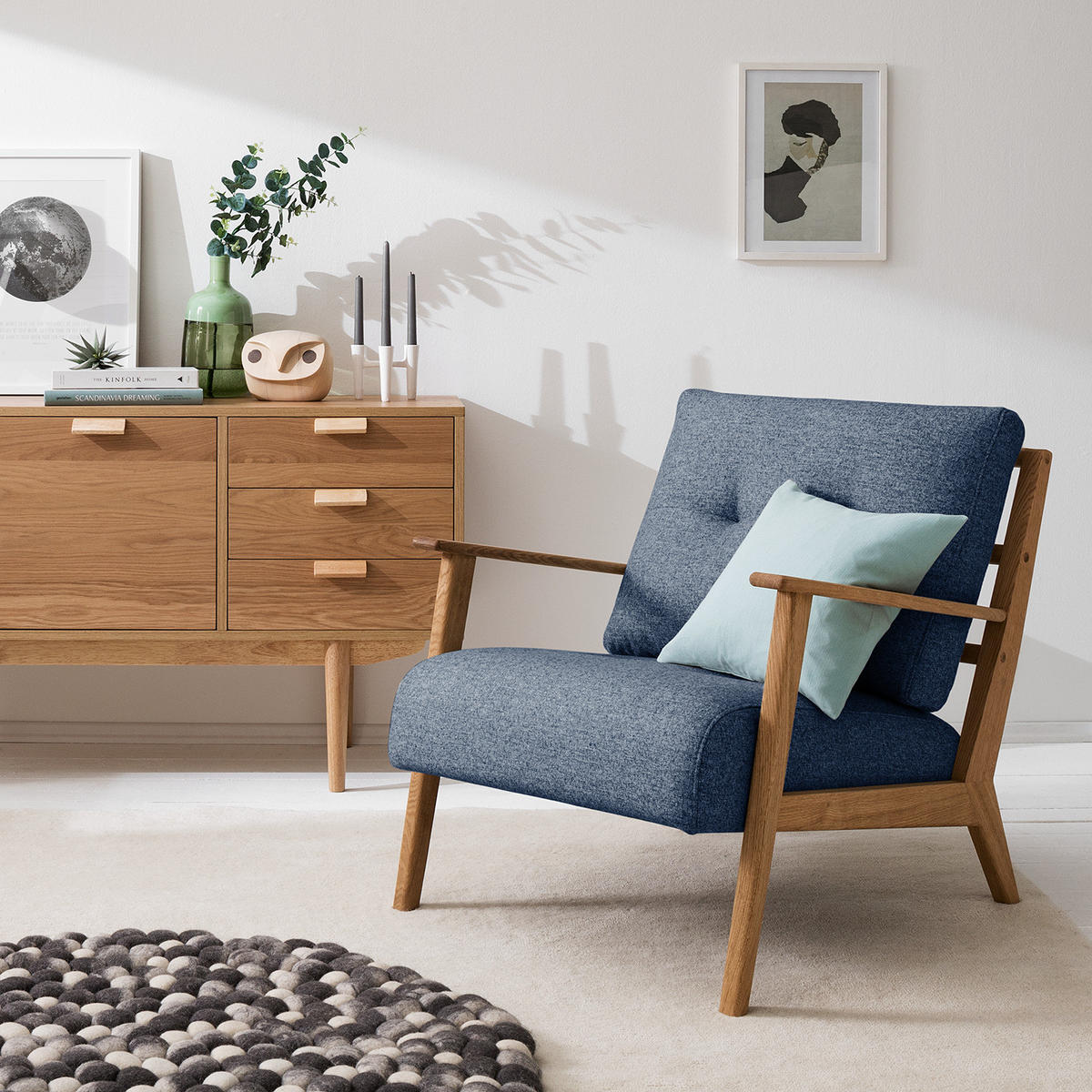 SESSEL - Blau/Braun, Eichenholz/Holz (83/80/75cm) - home24