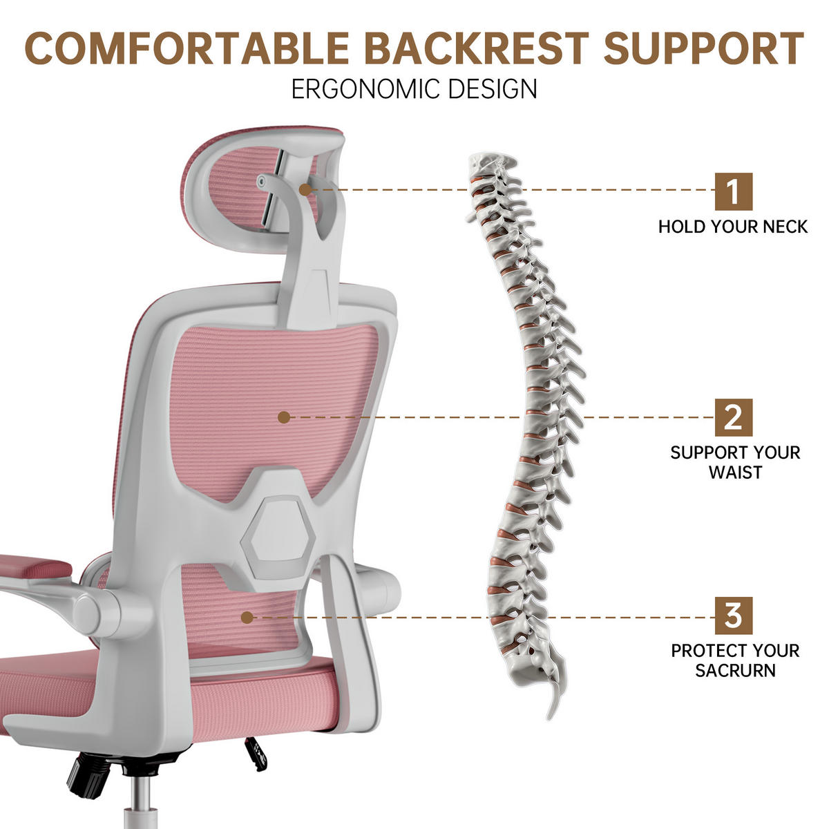 BÜROSTUHL Weiß-Pink ergonomisch mit klappbaren Armlehnen - Pink, Metall (25/52.5/65cm) - Rattrix