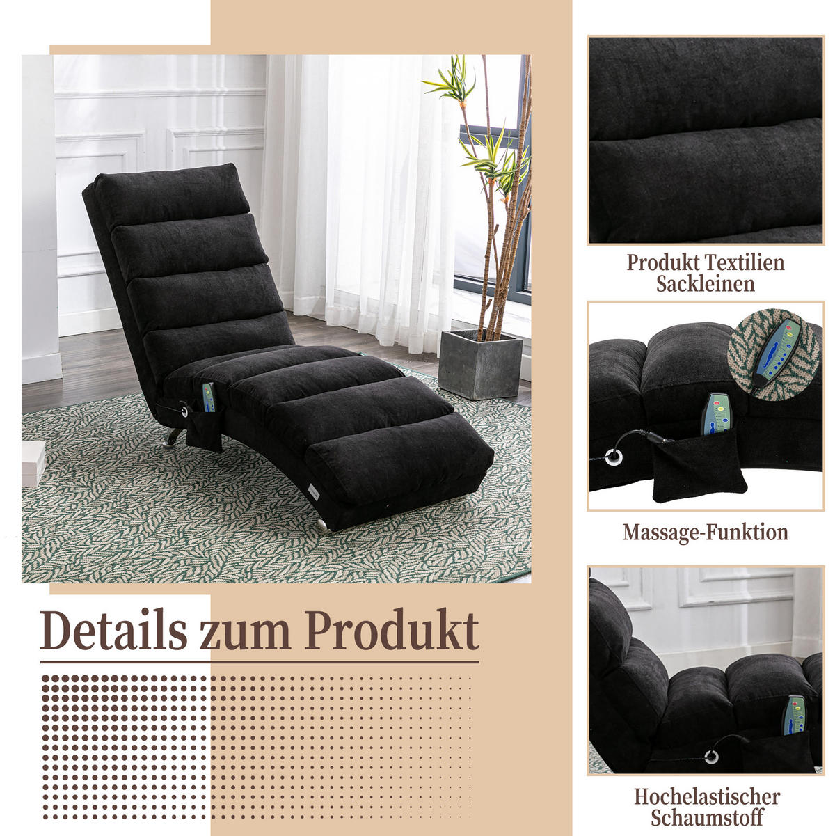 MASSAGELIEGE in Schwarz 55x148x84 cm mit Vibrationsfunktion und Seitentasche - Schwarz, Textil (148/84/55cm) - IVMEU