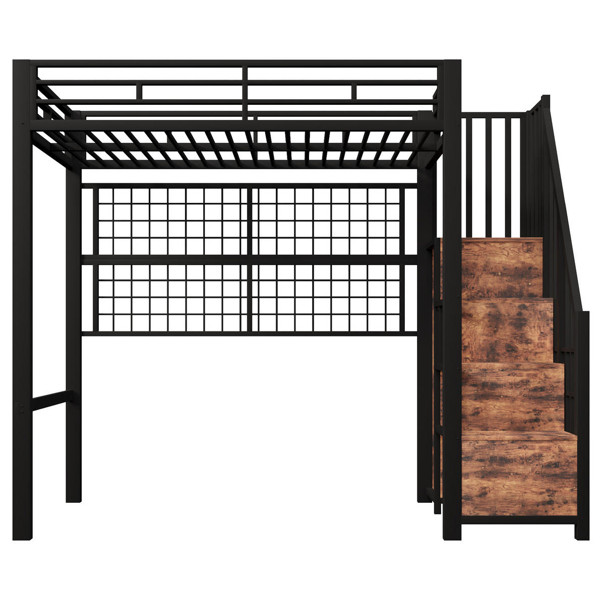HOCHBETT aus Metall und MDF 90x200 cm Schwarz mit Kleiderschrank, Stauraumleiter, Hängegitter und 7-Farben-LED - Schwarz, Metall (90/200cm) - Modfu