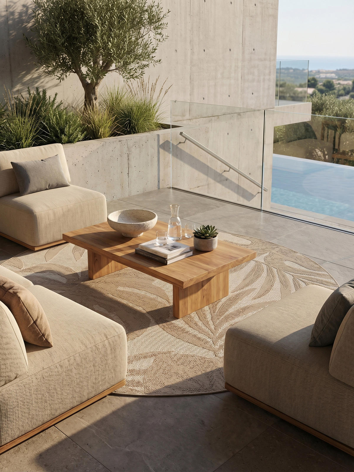 TEPPICH Outdoor VENTOUX in Beige, mit Tropen-Motiv, Ø 120 cm - Beige, Textil (120/120cm) - KADIMA DESIGN