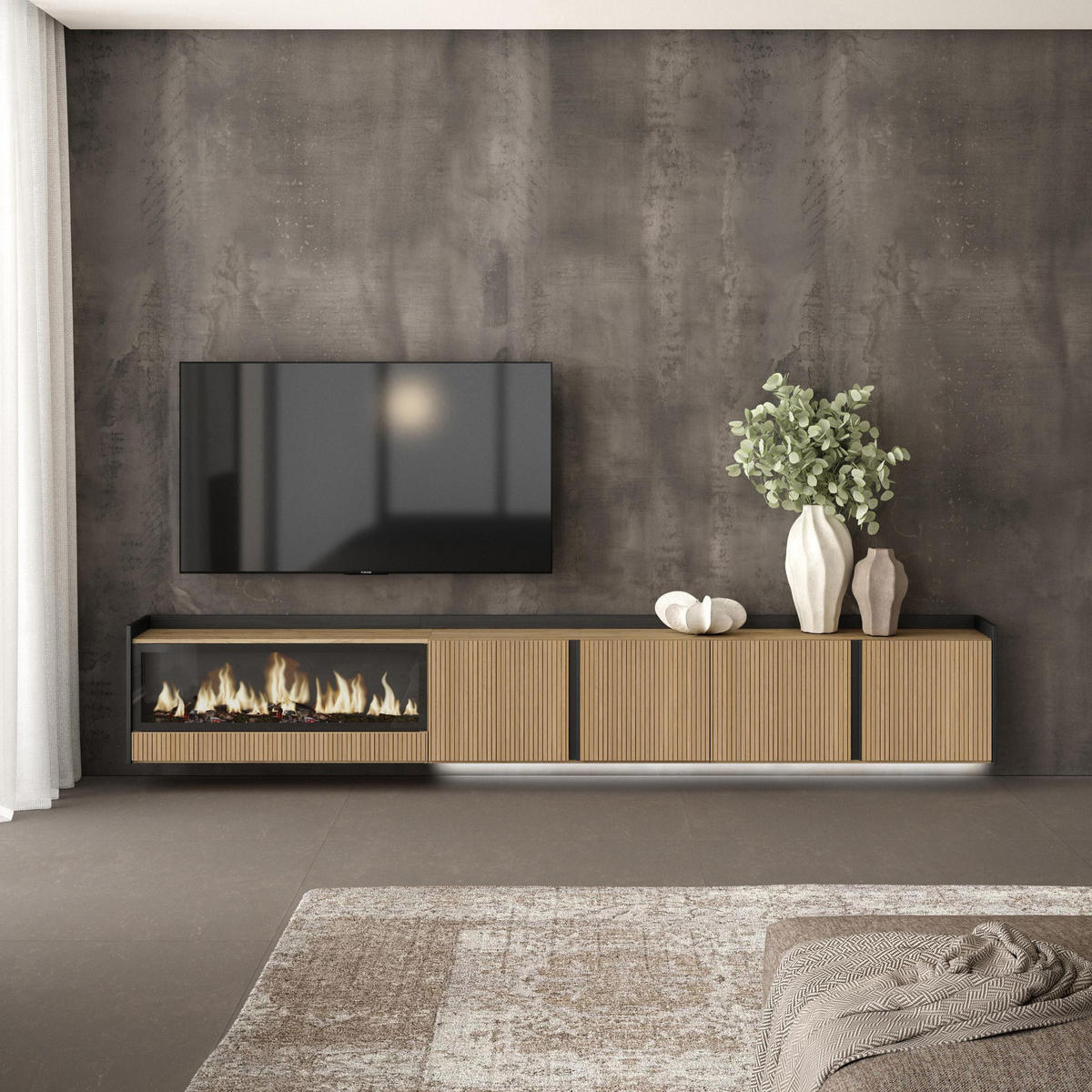 LOWBOARD, Eiche und Schwarz, 315/35/50cm, Elektrokamin XXL, Hängend, Led - Eichefarben, Holzwerkstoff (315/50/35cm) - Skraut Home