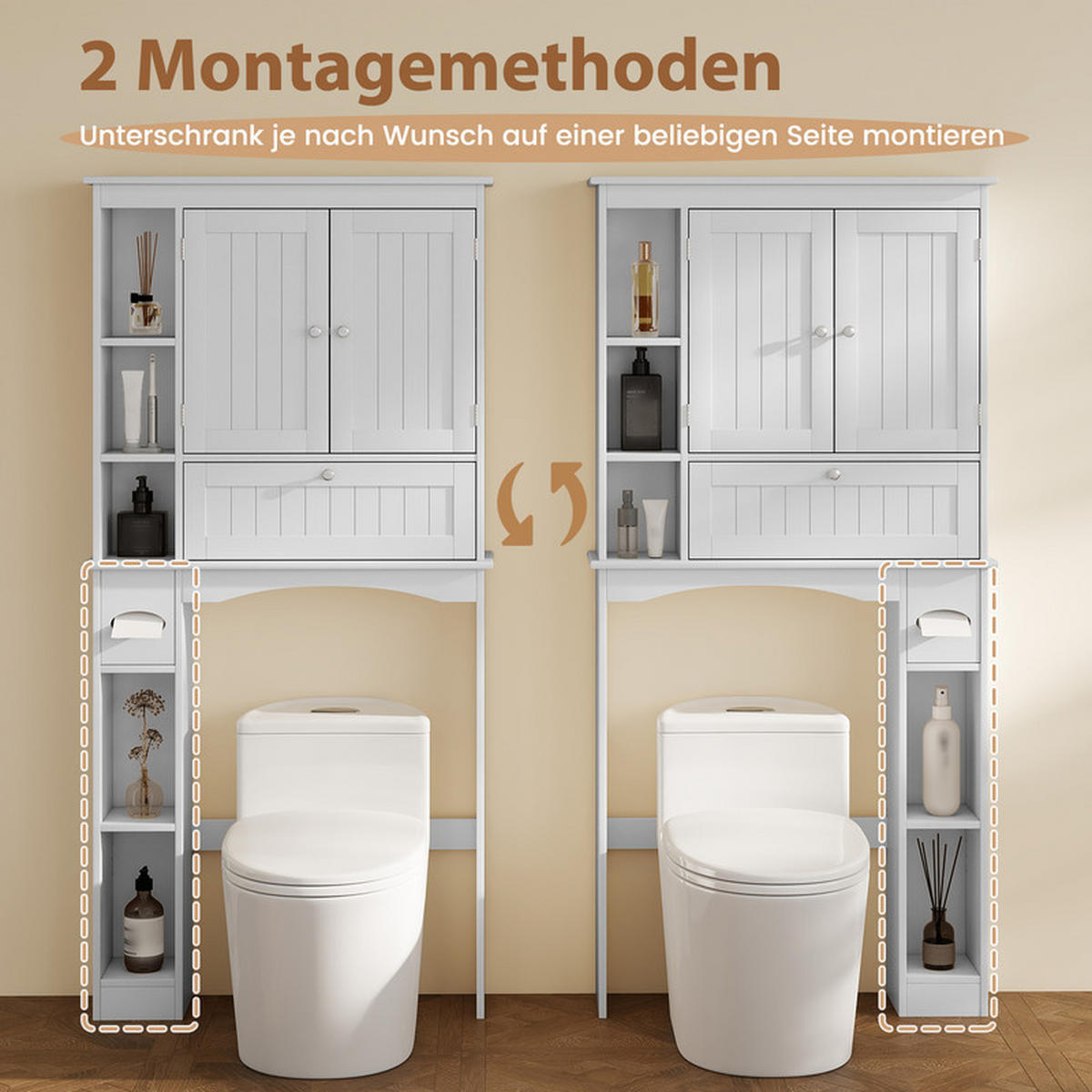 TOILETTENSCHRANK mit 3 Türen weiß - Weiß, Holzwerkstoff (80/165/21cm) - COSTWAY