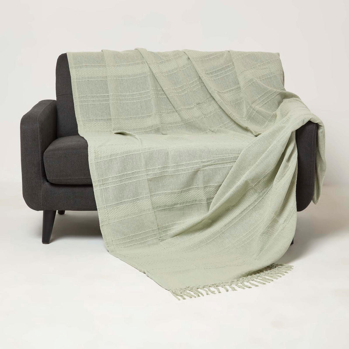 WOHNDECKE Kashi 150/200 cm, Baumwolle mit Fransen - Salbeigrün, Textil (150/200cm) - Homescapes