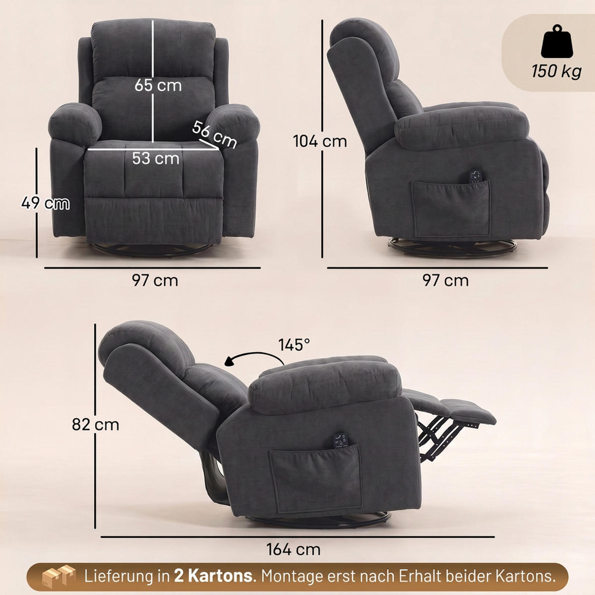 RELAXSESSEL Chenille Dunkelgrau - Dunkelgrau/Schwarz, Holzwerkstoff/Textil (97/104/97cm) - HOMCOM