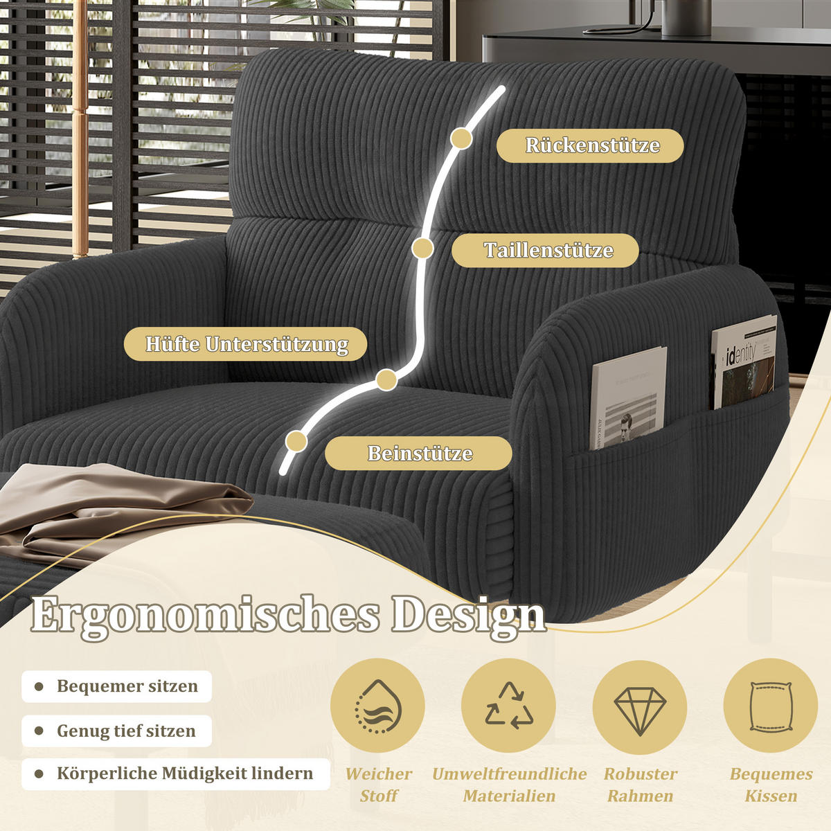 SESSEL Loungesessel,Polstersessel,Cord,Grau - Grau, Textil (67/79/75cm) - LVHOM