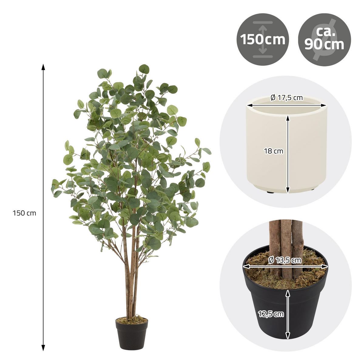 KUNSTPFLANZE Eukalyptus - Anthrazit/Grün, Holz/Kunststoff (150cm) - ML-DESIGN