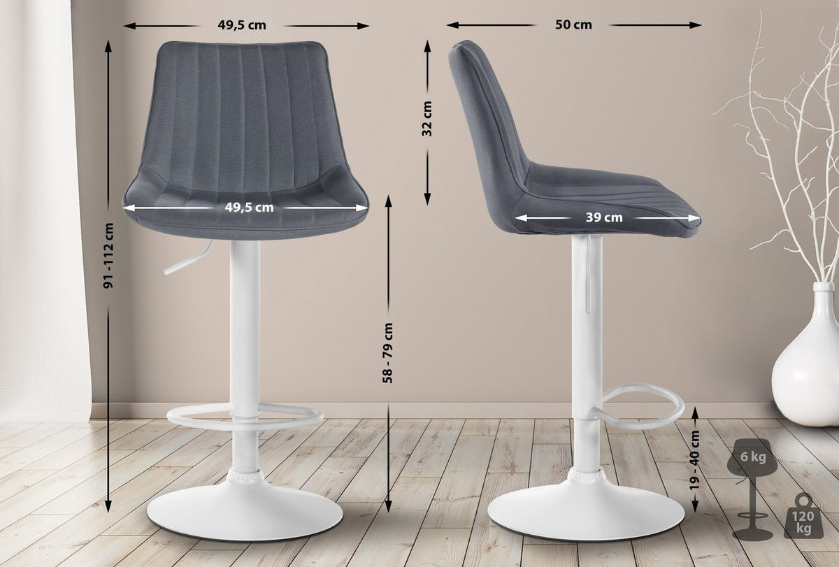BARHOCKER 2er Set Stoff grau - Grau, Textil/Metall (49.5/91/50cm) - CLP