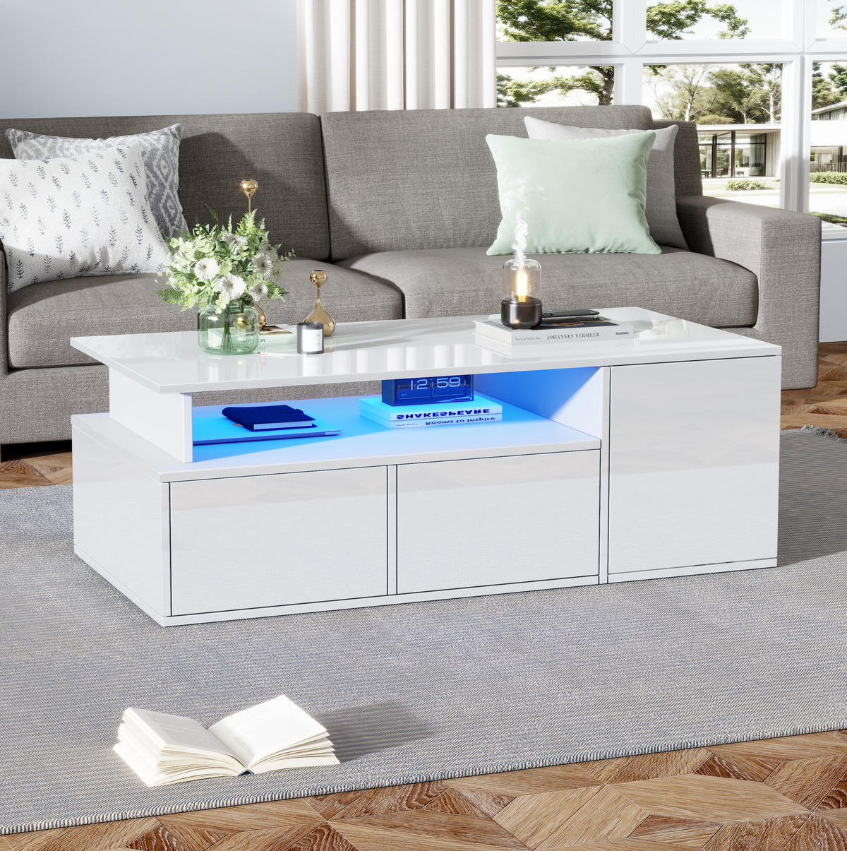 COUCHTISCH 100/50/35 cm in Weiß mit LED-Beleuchtung und 2 Schubladen - Weiß, Holzwerkstoff (100/50/35cm) - Flora Grace