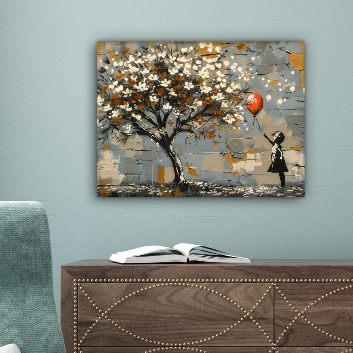 LEINWANDBILD Baum - Graffiti - Banksy-Stil - Ballon-Mädchen Wandbild 40x30 cm - Blaugrau, Textil (40/30cm) - MuchoWow