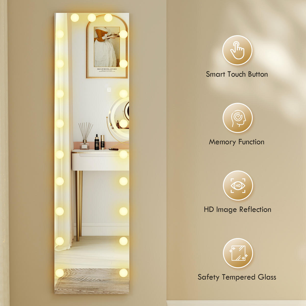 GANZKÖRPERSPIEGEL 150x40 cm RGB-LED Standspiegel mit 21 Glühbirnen 7 Lichtfarbe - Transparent, Glas (5.7/150/40cm) - HOMCOM