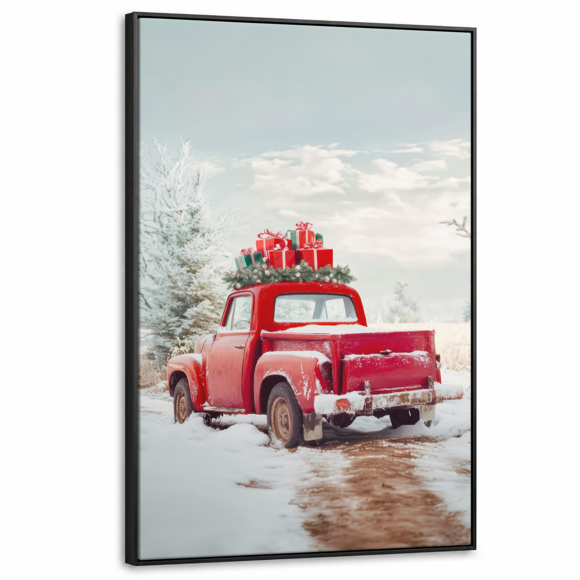 LEINWAND Bilder mit Rahmen - Auto - Rot - Geschenke - Winter - Schnee - Weihnachten - 90x140 - Rot, Textil (90/140cm) - MuchoWow