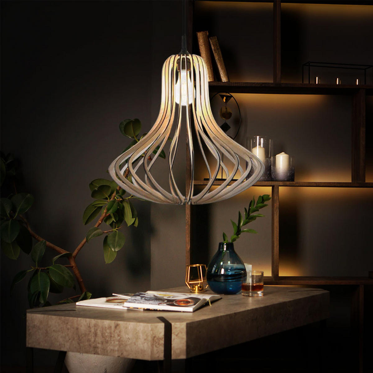 HÄNGELEUCHTE Holz Braun Lamellen - Braun, Holz (41/41/110cm)