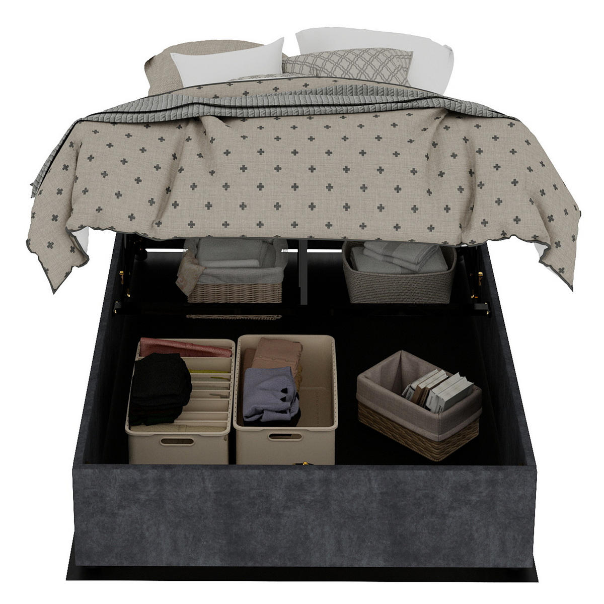 POLSTERBETT 140/200 cm mit Bettkasten, cartoonförmigem Kopfteil und stabilem Rahmen, Grau - Grau, Textil (140/200cm) - Redom