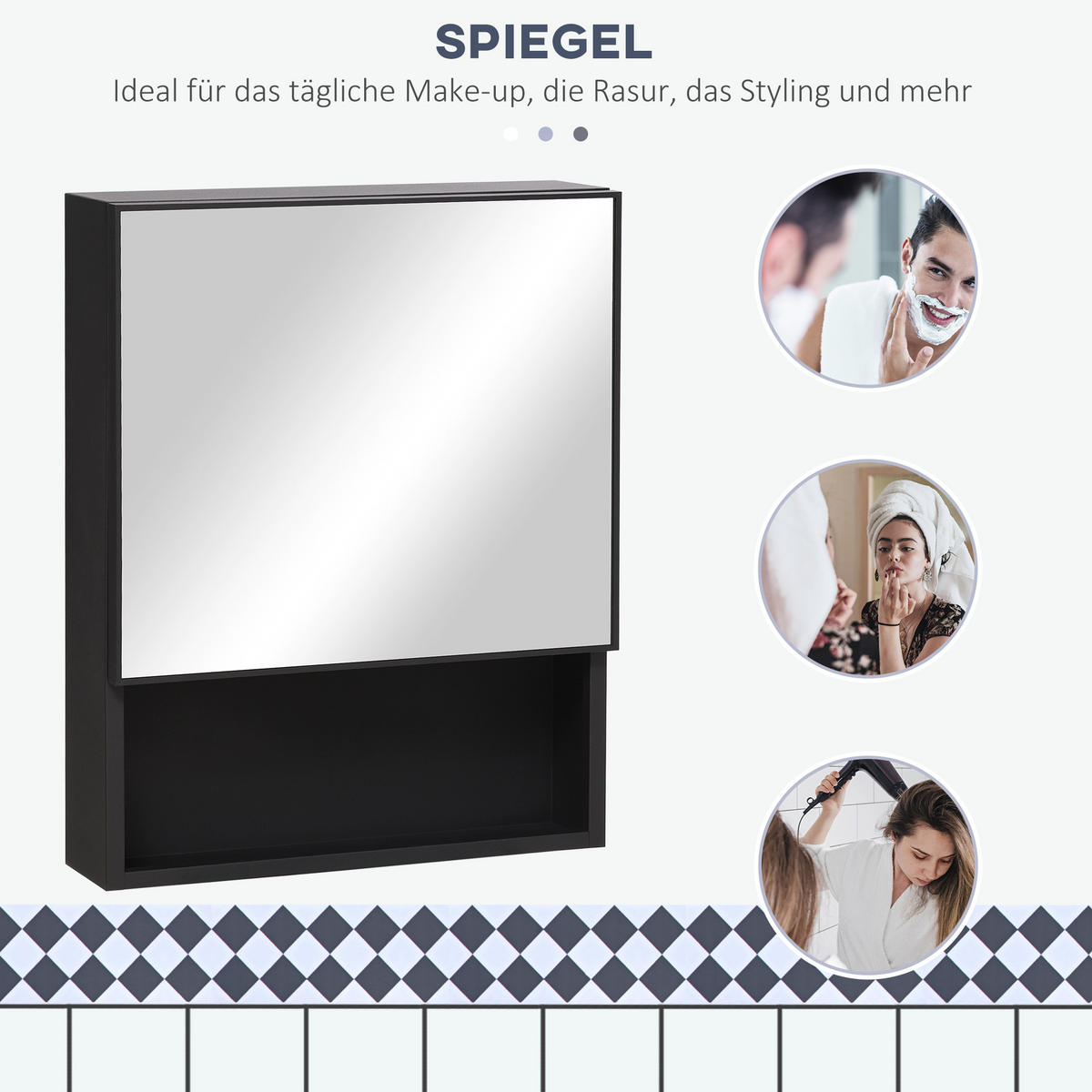 SPIEGELSCHRANK mit Spiegeltür, 2 Innenböden, Edelstahl, Glas, Schwarz - Schwarz, Glas (13.5/58/46cm) - Kleankin