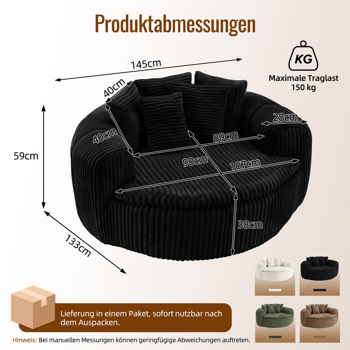 SITZSACK Cord Extrabreit mit 5 Kissen - Schwarz, Textil (145/59/133cm) - Urban Meuble