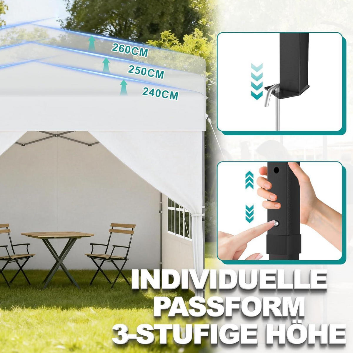 FALTPAVILLON 2,5 x 2,5 m mit One-Touch Lift und Seitenwänden Weiß - Weiß, Textil (250/260/250cm)