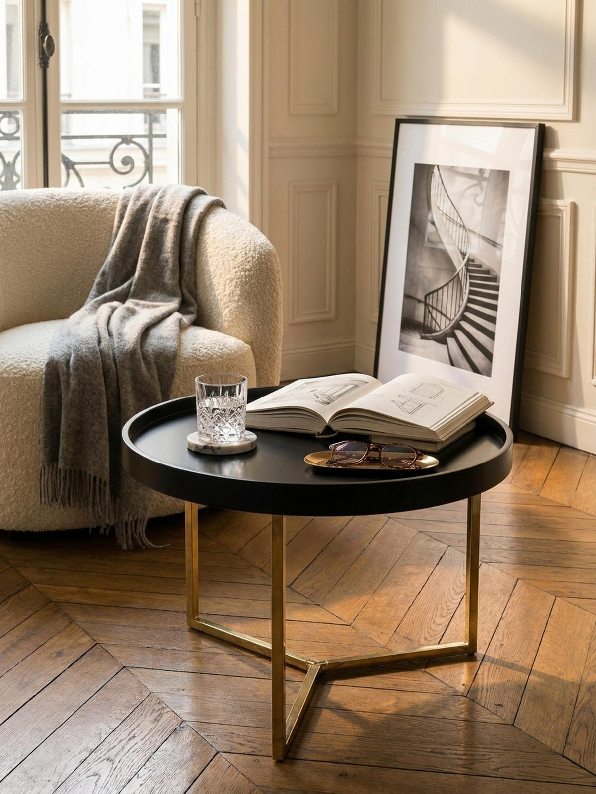SOFATISCH LIA Rund mit Metallgestell, abnehmbares Tablett und Anti-Rutsch-Noppen, Gold 58 x 58 x 42 cm - Goldfarben, Holz/Metall (58/58/42cm) - KADIMA DESIGN
